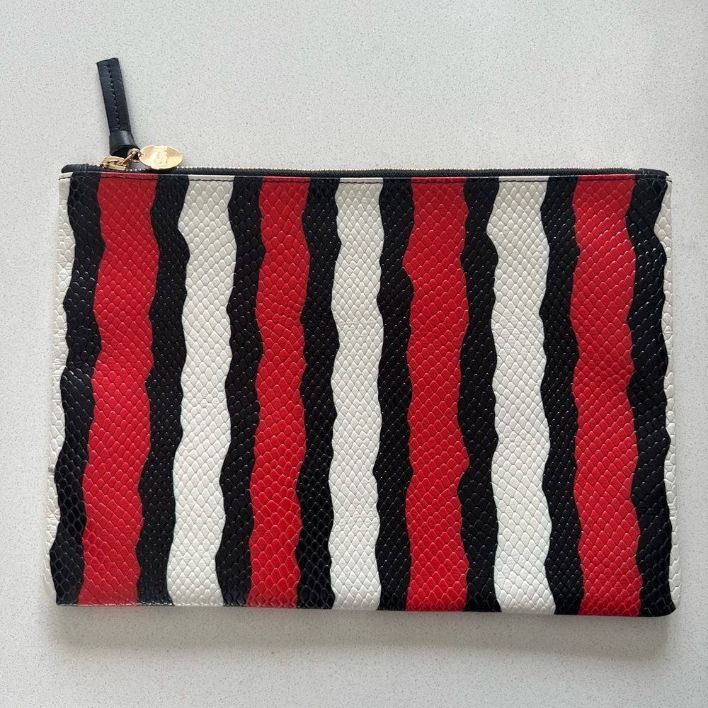 Clare V Flat Clutch in Poppy Red Black White striped snake print